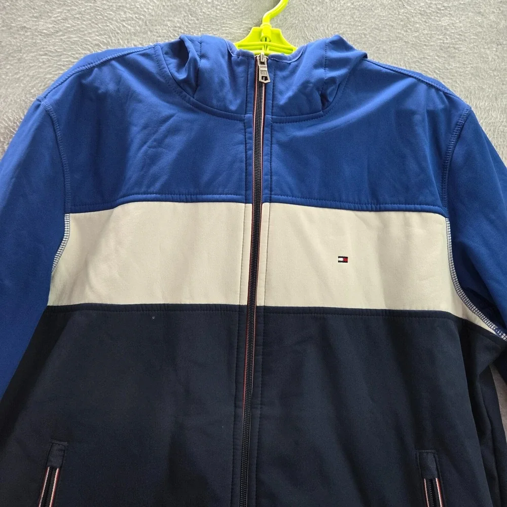 Tommy Hilfiger Men Jacket Large Blue Colorblock Fleece Lined‎ Hooded Full Zip
